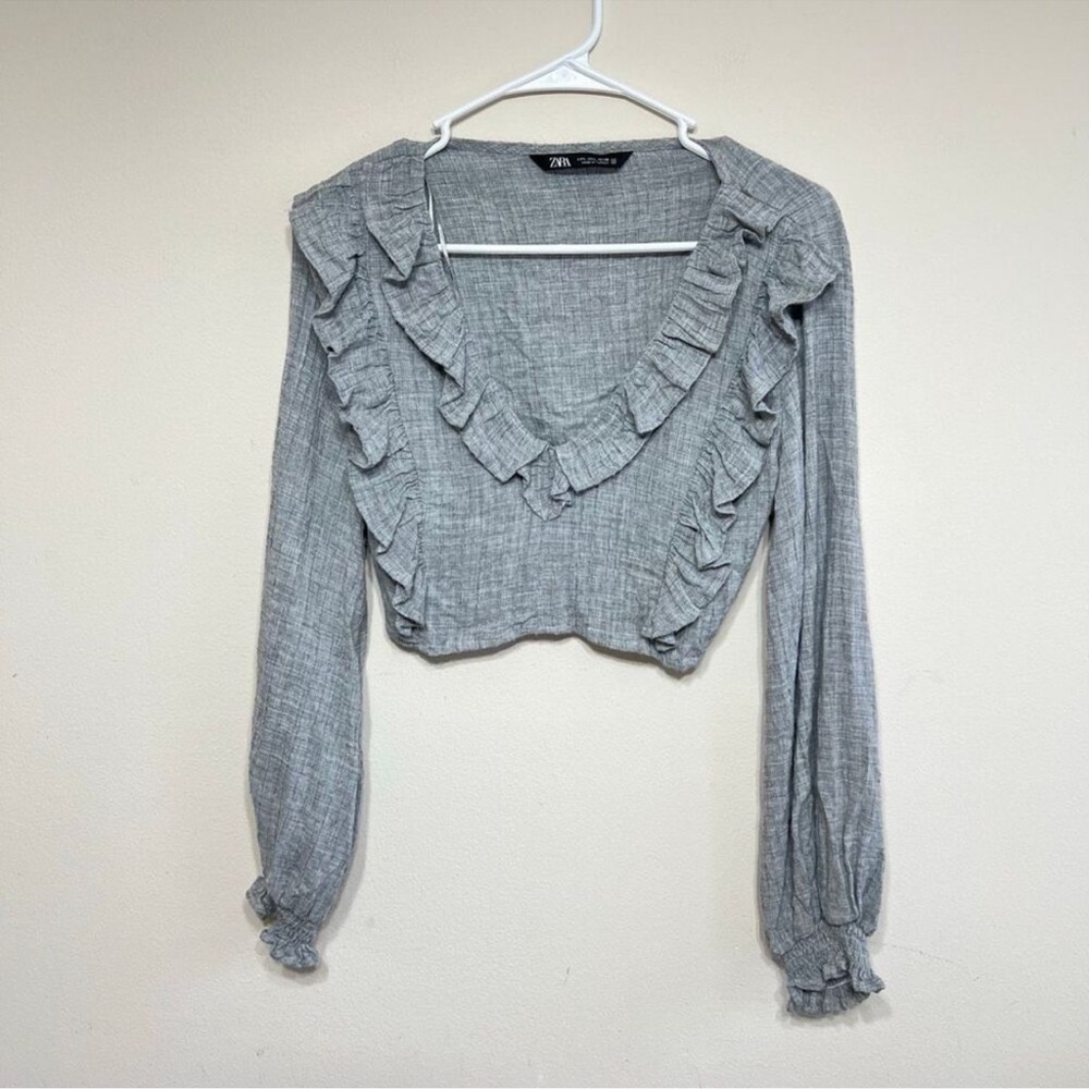 Zara Gray Long Sleeve Ruffled Crop Top Large